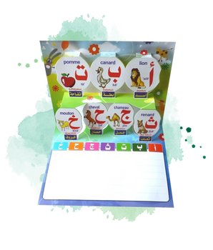 L'alphabet arabe - Livre d'apprentissage avec figurines et tableau d'écriture effaçable - bilingue français/arabe - الحروف العربية