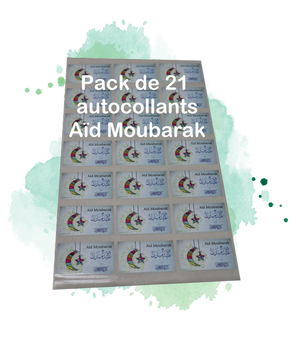 Pack de 21 autocollants 'Aid Moubarak' bilingues (français/arabe - 6 cm) pour cadeaux musulman - Stickers Eid Mubarak - عيد مبارك