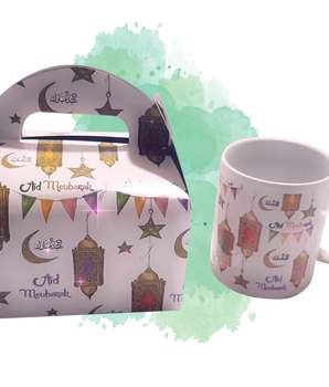 Pack Boite Cadeau Aïd Moubarak + Mug tasse en porcelaine assortie (Coffret réutilisable pour chaque Eïd) - Thème Lanterne et étoile