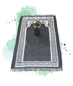 Coffret Cadeau Prière Tapis et chapelet de luxe (boite ronde dorée) - Couleur noir avec motif de la Kaaba