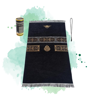 Coffret Cadeau Musulman pour la Prière et les invocations : Tapis et chapelet Noir (boite ronde dorée)